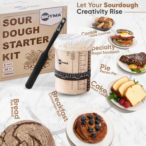 2 Pack 34 oz, 2 Set, 5x Sourdough Starter Kit - Sturdy Sourdough Starter Jar with Bread Slings, Spatula Measuring