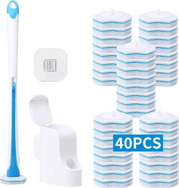 Disposable Toilet Brush with 40PCS Refills, Wall Mounted Compact Bathroom Cleaning System