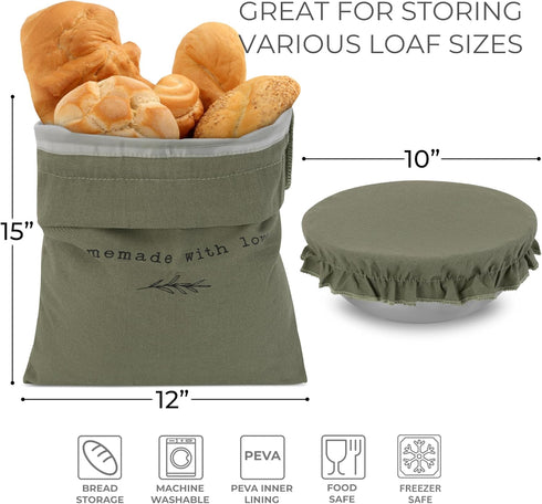 Set KIBAGA Beautiful Linen Bread Bag and Proofing Cover For Homemade Sourdough Bread - Keeps Your Loaf Fresh for Days