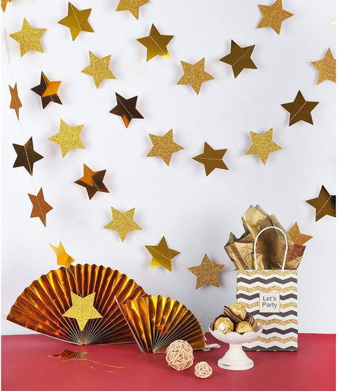 WEVEN Gold Glitter Star Garland Reflective Paper Party Streamers for Wedding, Baby Shower, Nursery Decoration