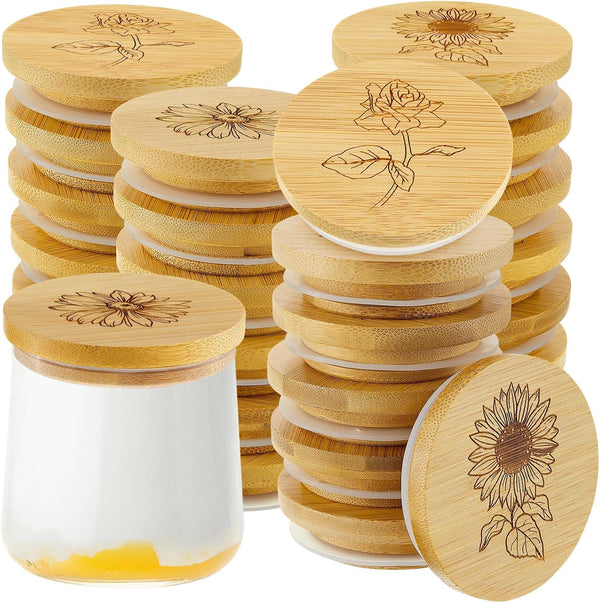 Gueevin 24 Pieces Yogurt Jar Lids Bulk Bamboo Wooden Lids Set Compatible