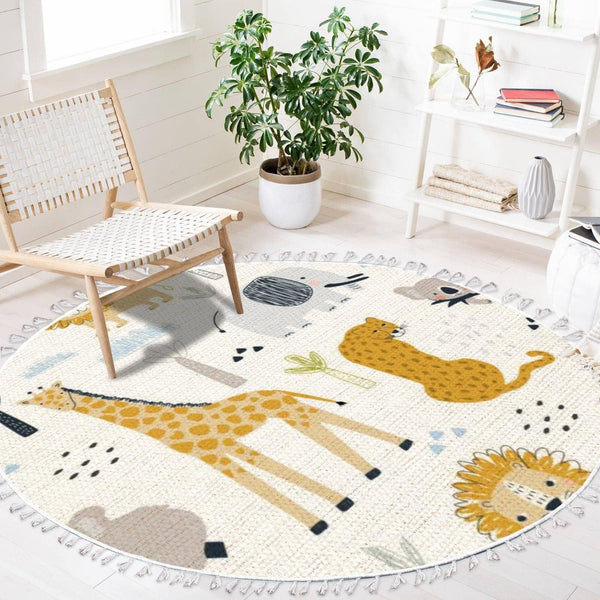 MBZPBDBAPY Round Boho Area Rug Cute Animals Lion cub Leopard Giraffe Elephant Koala