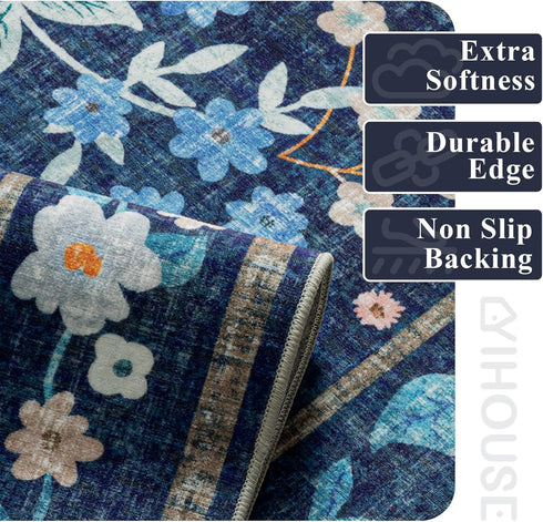 5x7 Blue,5'x7' YIHOUSE Blue Area Rug, Washable Bedroom Rug Floral Non Slip Soft, Colorful Flower Throw Carpet