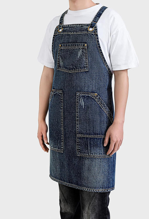 5-Pockets Cotton Denim Apron Soft - Unisex Adjustable Bib Apron with Perfect for Kitchens
