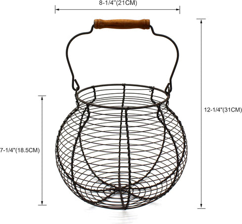 CVHOMEDECO Antique Wire Egg Basket, Vintage Gathering Basket with Wood Handle, Rusty