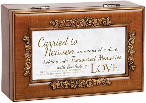 Cottage Garden Treasured Memories Love Feather Wood Finish Petite Rose Jewelry Music Box Plays Amazing Grace