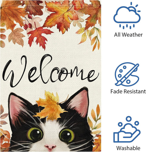 Welcome Fall Garden Flag 12 x 18 Inch Double Sided Burlap, Cute Cat Yard Flags for Thanksgiving Outdoor Decoration