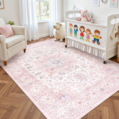 5x7 LIVEBOX Pink Washable Area Rug - Large Vintage Tribal Living Room Non-Slip Indoor Carpet for Bedroom, Low-Pile