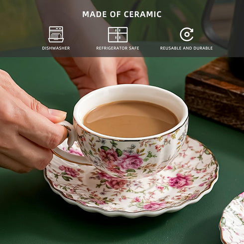 6.4oz Agyiuns Tea Cup and Saucers, Floral Tea Cups with Gold Trim, Porcelain Teacup, Coffee Cappuccino Espresso Latte