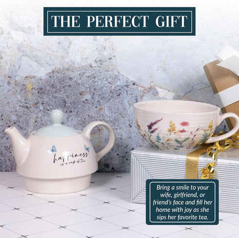 14.5 oz Set, Set, Summer 1 Count, Pavilion Gift Company - Happiness Ceramic Teapot and Tea Cup Watercolor Floral Tea