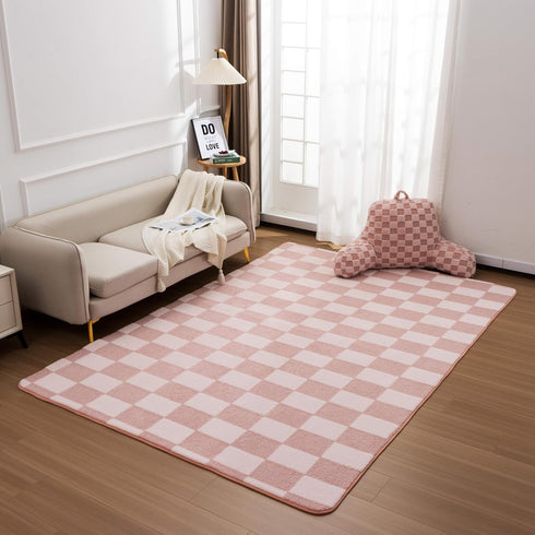 64ft Btargot Light Pink Checkered Area Rug for Living Room, Princess Prince Castle Modern Abstract Checkerboard Throw
