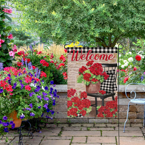 Welcome Spring Geranium Red Flower Decorative Garden Flag, 12x18, Black White Buffalo Plaid for Outdoor Decor