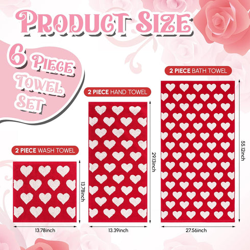 6 Pack Set, Peryiter Cotton Heart Bath Towel Red Heart Embroidered Bathroom Towels for Couples, Soft Absorbent