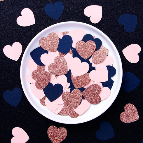 Navy-Blue Pink Rose-Gold Heart Confetti - 300pcs Glitter Paper Dots for Gender Reveal, Weddings, Birthdays, Party