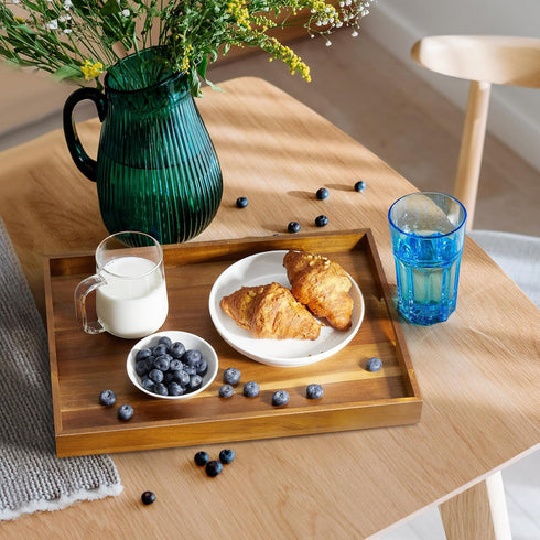 GCWSTJK 17 Inch Acacia Wood Serving Tray with Handles, Large Wooden Tray for Ottoman, Breakfast in Bed, Coffee Table