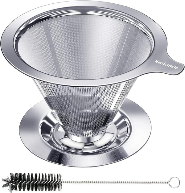 Pour Over Coffee Dripper, Reusable Paperless Coffee Filter for Single Cup Brew, Stainless Steel Cone Filter