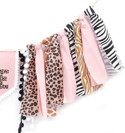 YOUAME Girls Leopard Print High Chair Banner - Wild One High Chair Decors, Pink Jungle Party Cheetah ONE Year Birthday