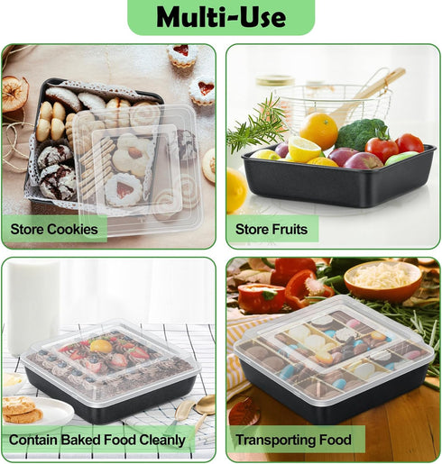 TeamFar 9 Inch Square Cake Pan with Lid, Non-Stick Square Baking Roasting Pan with Stainless Steel Core