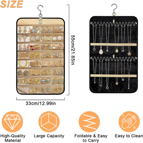 Double Sided Hanging Jewelry Organizer, 32/48 Pockets, 14/21 Hook Loops, Foldable Travel Jewelry Roll Organizer for