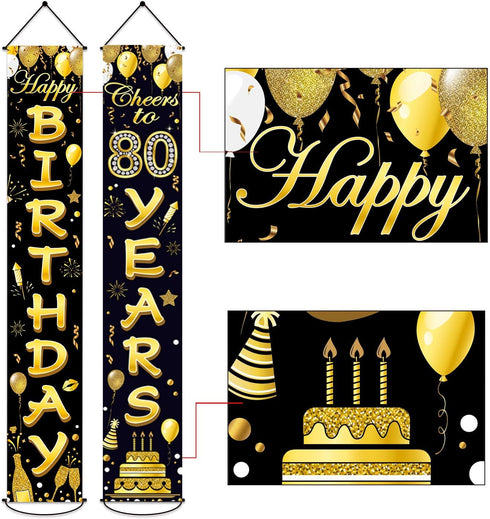 80th Birthday Party Banner Decorations for Women Men, Black Gold Cheers to 80 Years Birthday Supplies