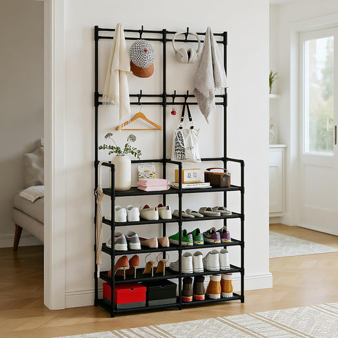 5-Tier 8 UDEAR Coat and Shoe Rack, Entryway Coat Rack with Hooks, Double Row Shoes Organizer for Living Room, Bedroom