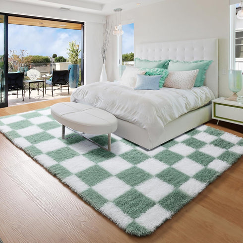 KICMOR 5x8 Cozy Living Room Rugs Sage Green and White, Large Fluffy Furry Shaggy Fuzzy Checkered Area Rug Bedroom Big