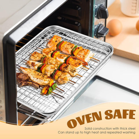 Metal Toaster Oven Tray with Rack Set - E-far 10.5”x8.3” Baking Sheet with Stainless Steel Wire Grate Rack