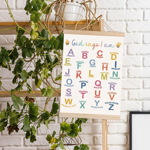 DNEULYR 12x16 Inches God Says I am Alphabet Christian Wall Art Poster for Kids, Bible Verse Affirmations Poster Hanger