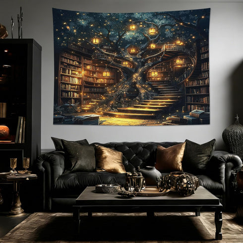 60L 80W Inches HVEST Fantasy Library Bookshelf Tapestry for Classroom Fairytale Tree Magic Bookshelf Wall Decor Retro