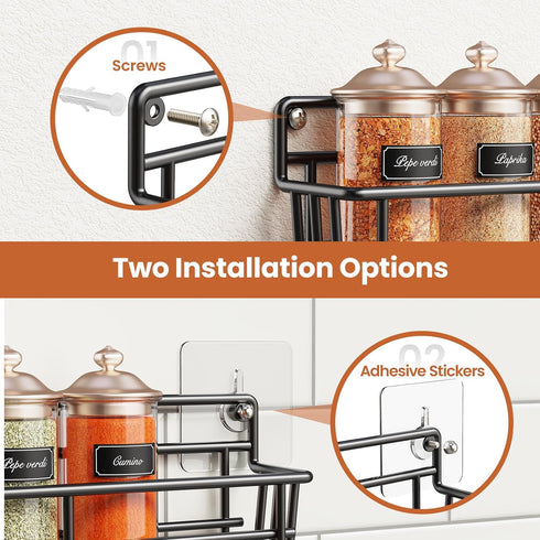 Mystozer 6 Pack, Spice Rack wall mounted Space-Saving Spice Organizer for Spice Jars and Seasonings,Screw or Adhesive