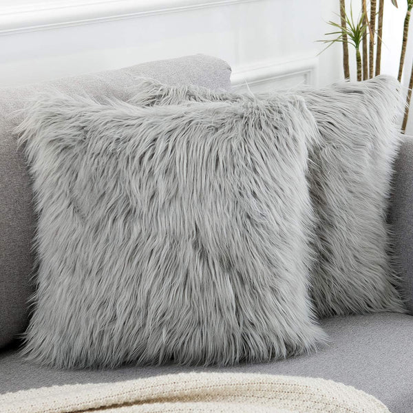 WLNUI Set of 2 Light Grey Decorative Pillow Covers, Luxury Merino Style Faux Fur Fluffy Cushion Case