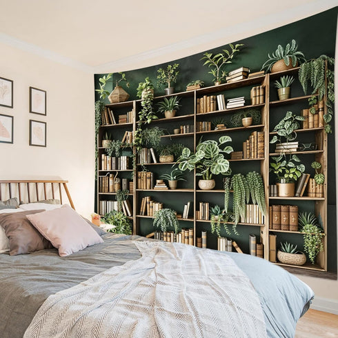 HVEST Vintage Green Bookshelf Tapestry Botanical Library Wall Hanging, Books with Plant