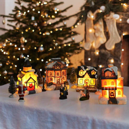Sets-Christmas Christmas Village Decorations,LED Lighted Christmas Village Houses with Figurines, Christmas Village