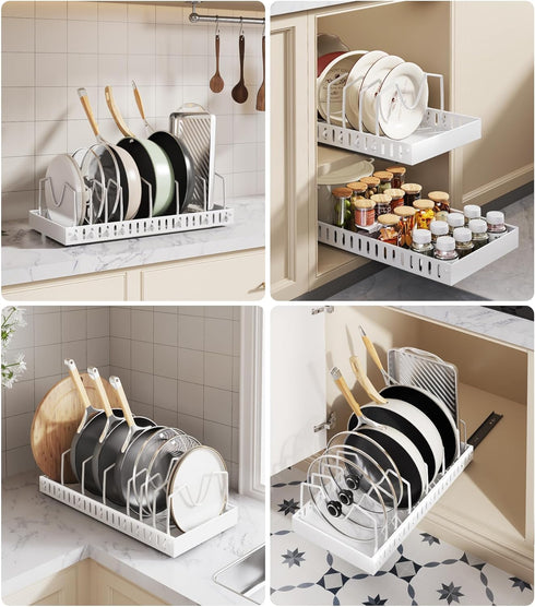 Pull Out Pots and Pans Organizer Under Cabinet, Sliding Lid Holder and Pan Rack, 8 Adjustable Dividers, 2 Pack White
