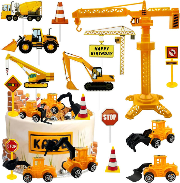 Morofme 21pcs Construction Cake Toppers Vehicles Cake Decorations Truck Excavator Tower Crane