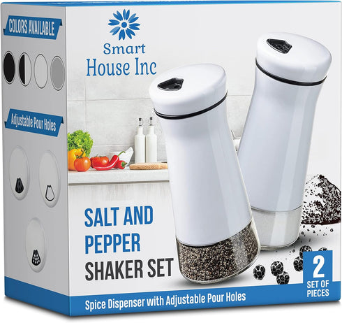 The Original Salt and Pepper Shakers Set - White Spice Dispenser with Adjustable Pour Holes, Stainless Steel & Glass,