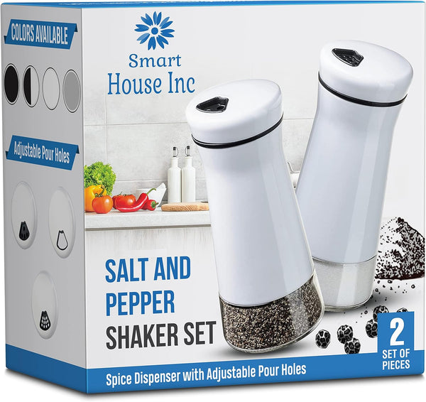The Original Salt and Pepper Shakers Set - White Spice Dispenser with Adjustable Pour Holes, Stainless Steel & Glass,