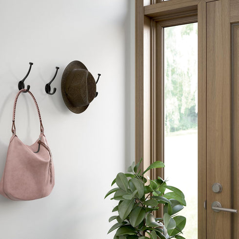 Franklin Brass Pilltop Coat and Hat Wall Hooks (5-Pack) - Double Hooks for Hanging, Matte Black Decorative Hanger