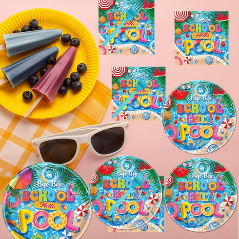 Summer 24 Bye Bye School Hello Pool Party Plates Napkins Forks, End of School Year Party Decorations, Disposable Pool
