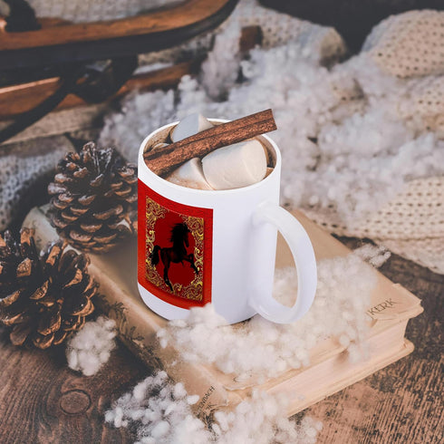3dRose Zodiac Horse Chinese New Year Mug, Red, Gold, Black, 15 oz, White