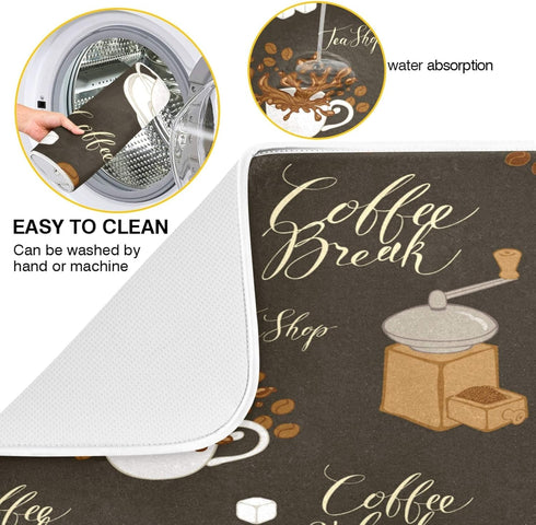 Coffee Beans Dish Drying Mat, 16 x 18 Inch Absorbent Microfiber Drying Pad for Kitchen Countertops