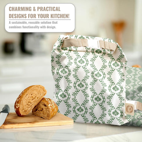 Cozy Set Bread Reusable Bread Bag for Home Bakers | USA Brand | Charming Bread Designs (Green Ornamental)