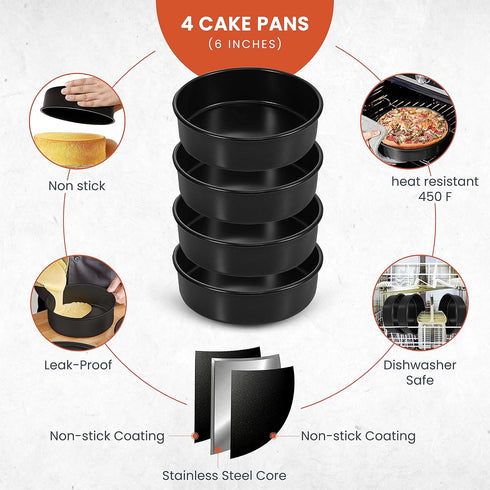 RFAQK 6-Inch Round Cake Pan Set of 4 with 60 Parchment Papers, Nonstick Baking Pans, Dishwasher Safe