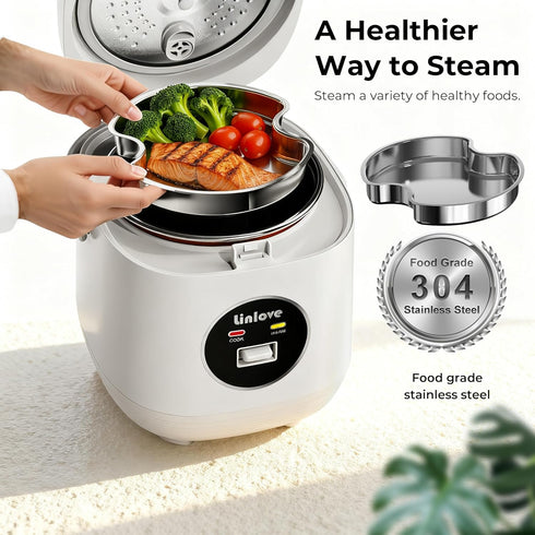 3 Uncooked,1.6 1-3 Rice Cooker Small cup Quart Non-stick Mini Rice Cooker,With Stainless Steel Steamer Tray,One-Switch