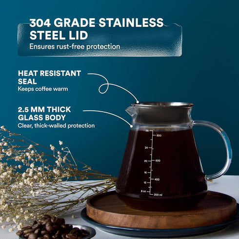 Glass Range Coffee Server for Pour Over Coffee & Tea - 800ml/27oz Ovalware Microwave Safe & Heatproof Glass Body