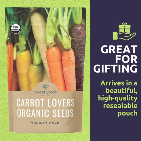 Pack 5 Packs 2026 Organic Carrot Seeds Variety - Individual - Season - Nantes, Little Finger, Dragon, Solar Yellow
