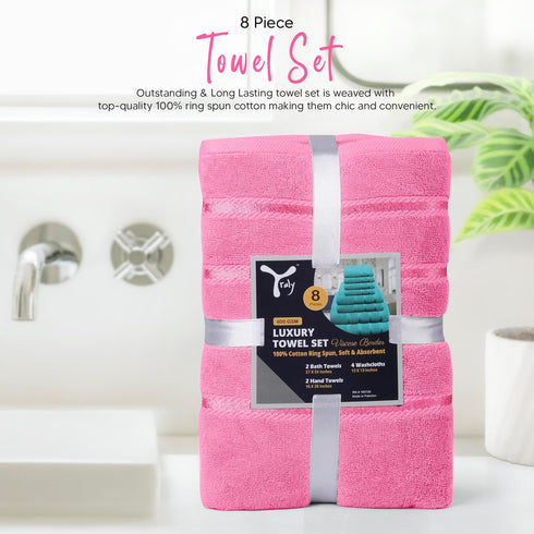 YRALY 8 Set, 600 2 2 4 Piece Luxury Towel GSM Ring Spun Cotton, Soft & Absorbent Viscose Stripe Towels, Bath, Hand