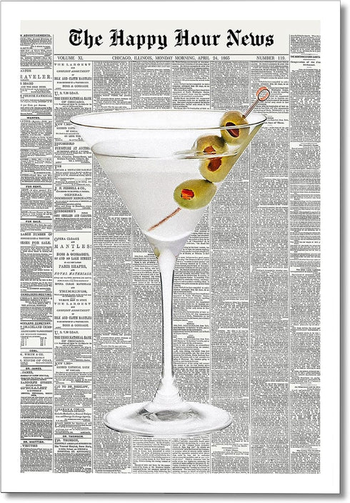 Generic Trendy Green Martini Canvas Wall Art Vintage Newspaper Retro Bar Cart Aesthetics