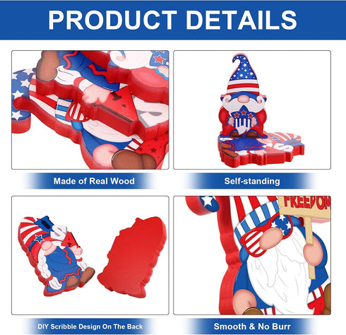 3 Pieces American Gnome Wooden Signs, Patriotic Table Decorations for Independence Day, Memorial Day, Veteran Day Party