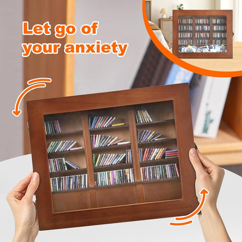 DIIWOODX 300PCS Anxiety Mini Bookshelf Mini Books with Mini Bookshelf Shake Away Your Anxiety Wooden Miniature Book